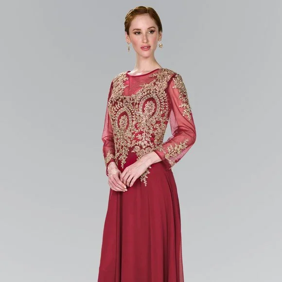 NEW LONG CHIFFON TRUMPET EMBROIDERED DRESS WITH 3\4 SLEEVES & ZIPPER BACK GL1368